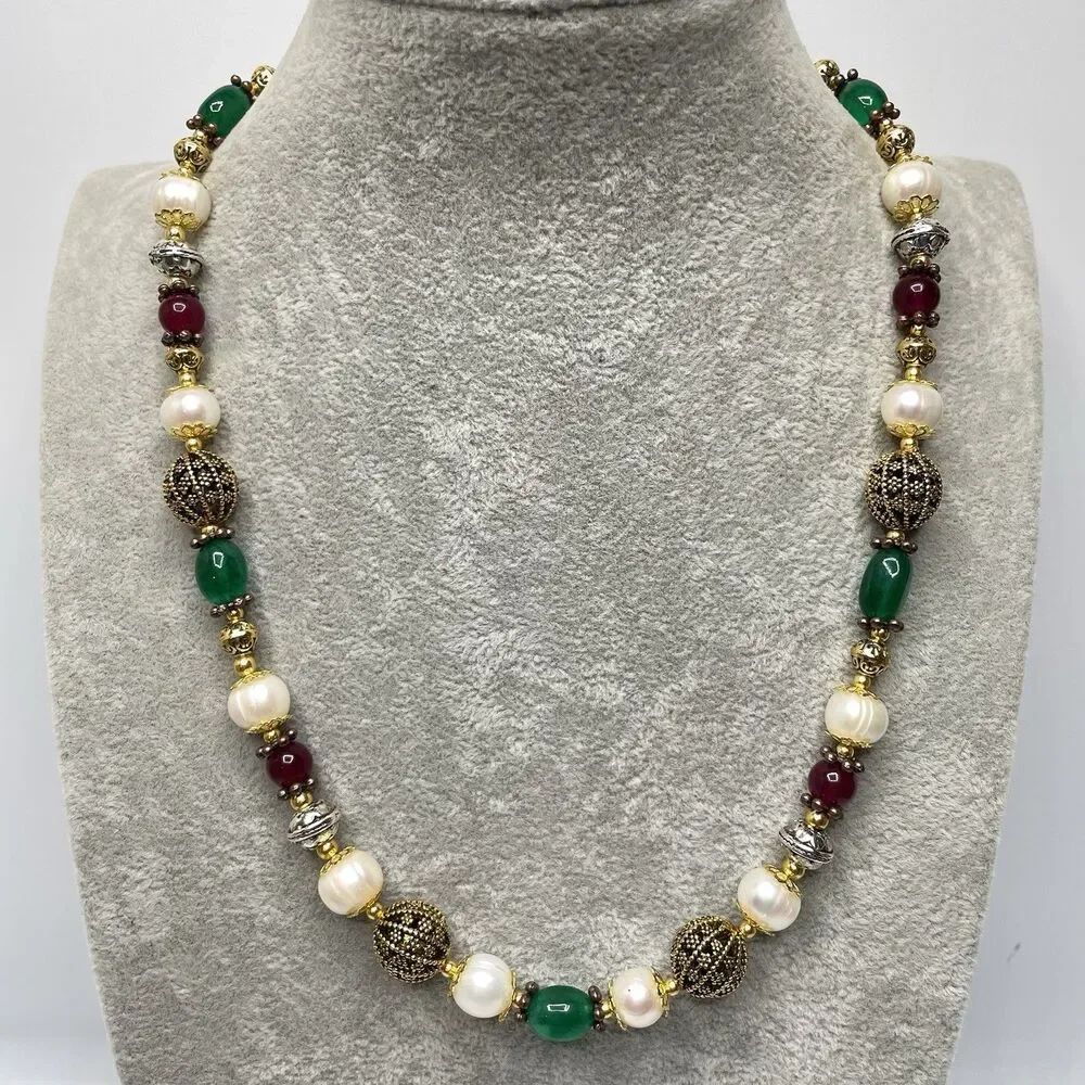 Stunning Green Red Gemstone Freshwater Pearl Beaded Necklace Gold Plated 23